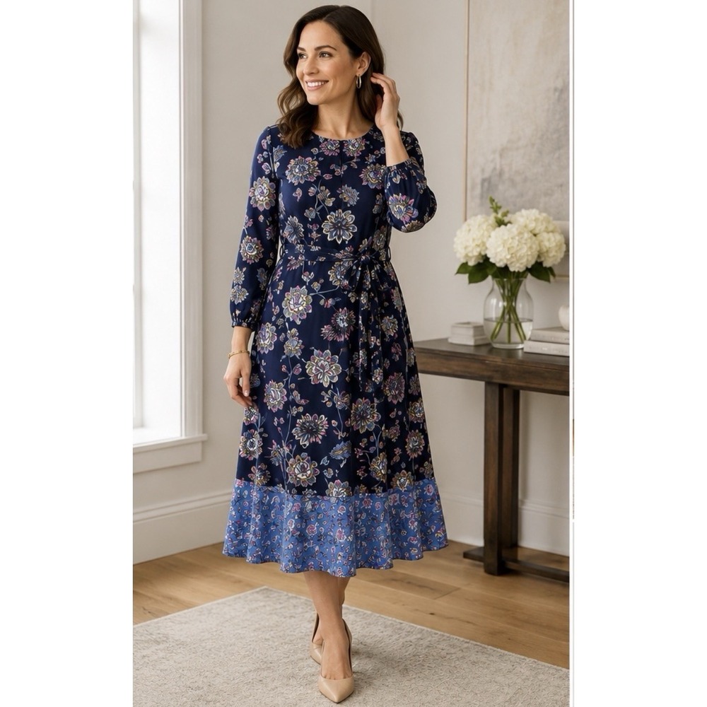 Talbots Petite 8P Navy Floral Midi Dress Long Sleeve Tie Waist Mixed Print